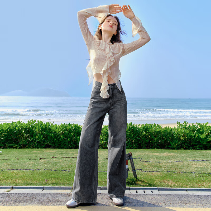 乐町甜辣废土风条纹肌理感荷叶边衬衫夏季新款辣妹收腰衬衣 棕色(现货) M