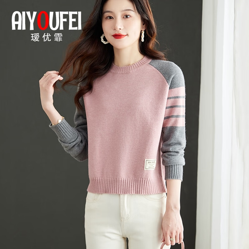 瑷优霏(aiyoufei)圆领短款毛衣女春秋新款小个子显瘦时尚针织衫内搭外穿长袖上衣女 粉色 M (建议95-105斤左右)