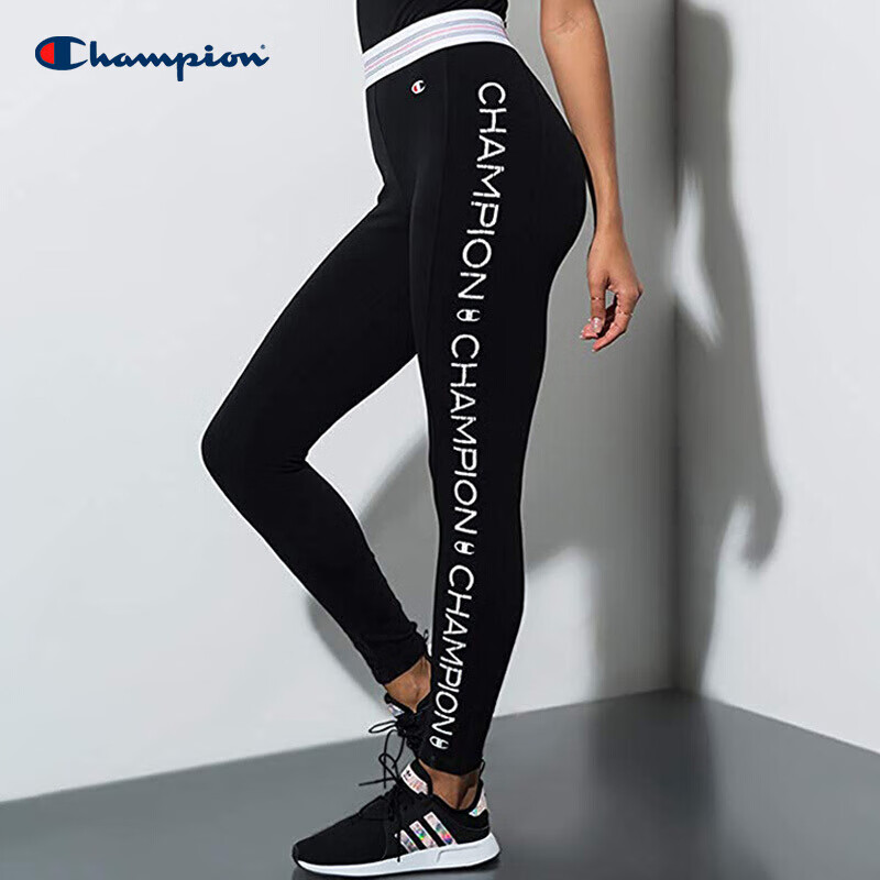 美版Champion冠军女士休闲运动紧身裤健身跑步修身显瘦弹力打底长裤子 黑色WM0460-003 S
