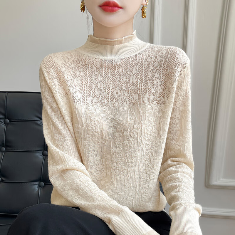 香影纯蕾丝打底衫女2025春秋新款半高领针织衫女洋气上衣女装秋冬毛衣女 米色 M (建议95-105斤)
