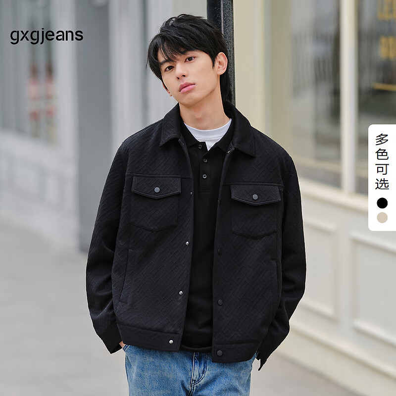 gxgjeans男装夹克2024年春季黑色纹理宽松休闲翻领外套
 黑色 M 170