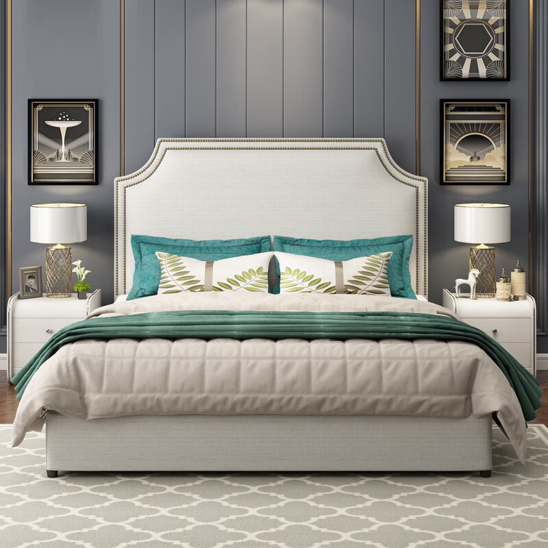 牧眠 软床轻奢现代简约欧式床双人床主卧婚床美式网红主卧布艺床 米白色 1.5米框架床