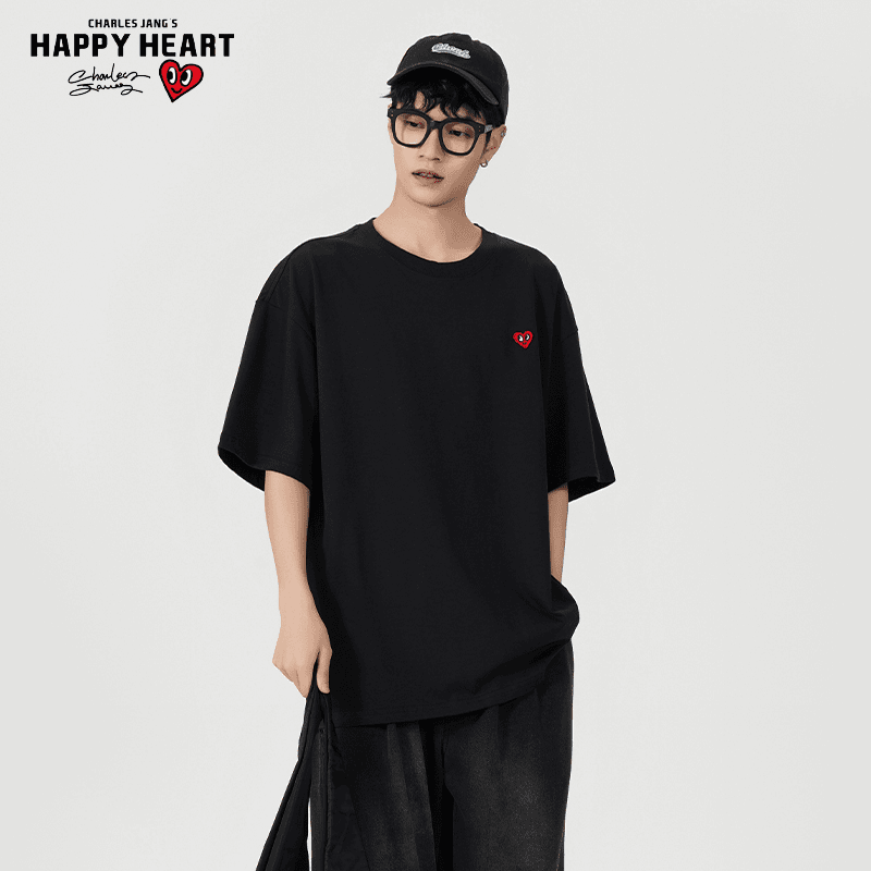 查尔斯桃心短袖t恤男260G重磅夏季潮流刺绣圆领上衣青少年宽松纯棉短t 粉色 2XL