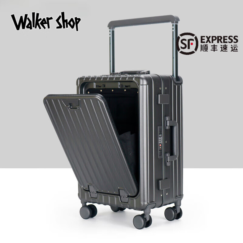 Walker Shop行李箱2024新款宽拉杆多功能旅行箱铝框耐用拉杆箱 深灰色 20寸
