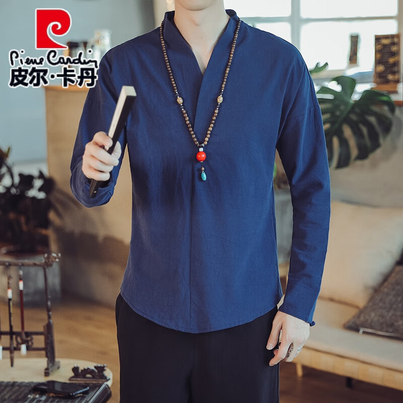 皮尔卡丹中国风春秋汉服斜襟长袖中式复古休闲唐装男士棉麻衬衫禅修服茶服 深蓝色 M 95-110斤怎么样,好用不?