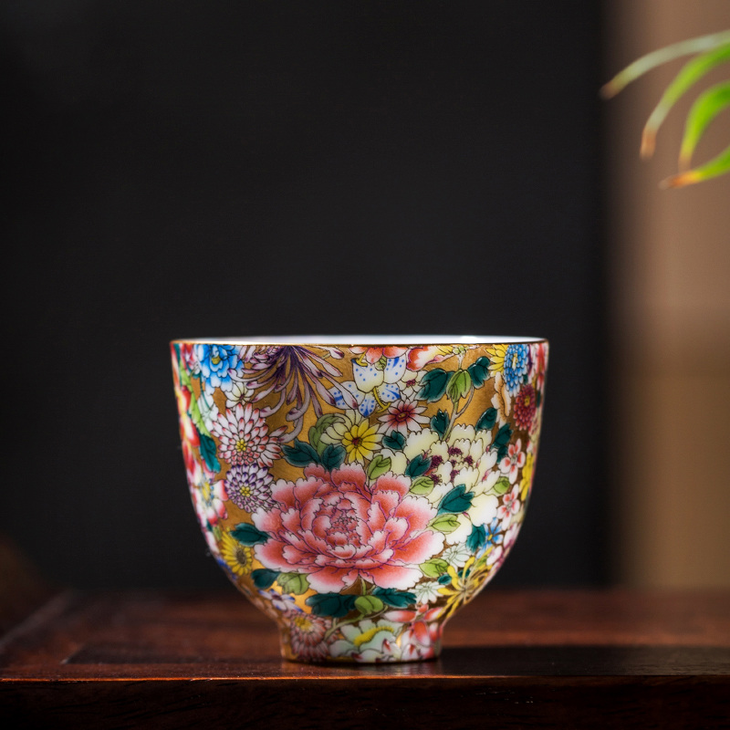 仙袋 描金万花杯小茶杯薄瓷金杯商务品茗杯送朋友主人杯单杯大气