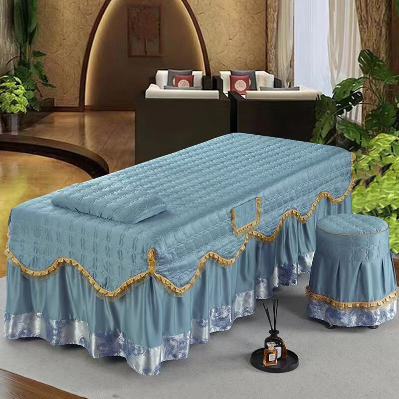 床罩三件套美容院美容床按摩理疗床套推拿按摩单件带洞 水洗真丝蓝