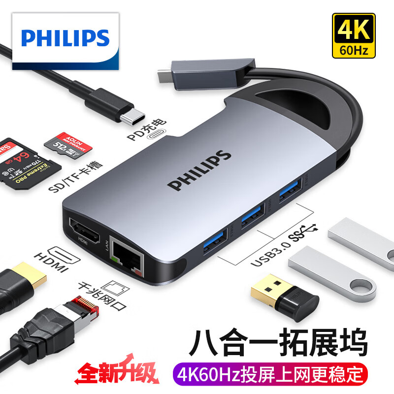 飞利浦（PHILIPS）Type-C扩展坞USB-C转HDMI适用苹果MacBook华为手机拓展坞 八合一【网口-HDMI-PD-读卡器】全新升级