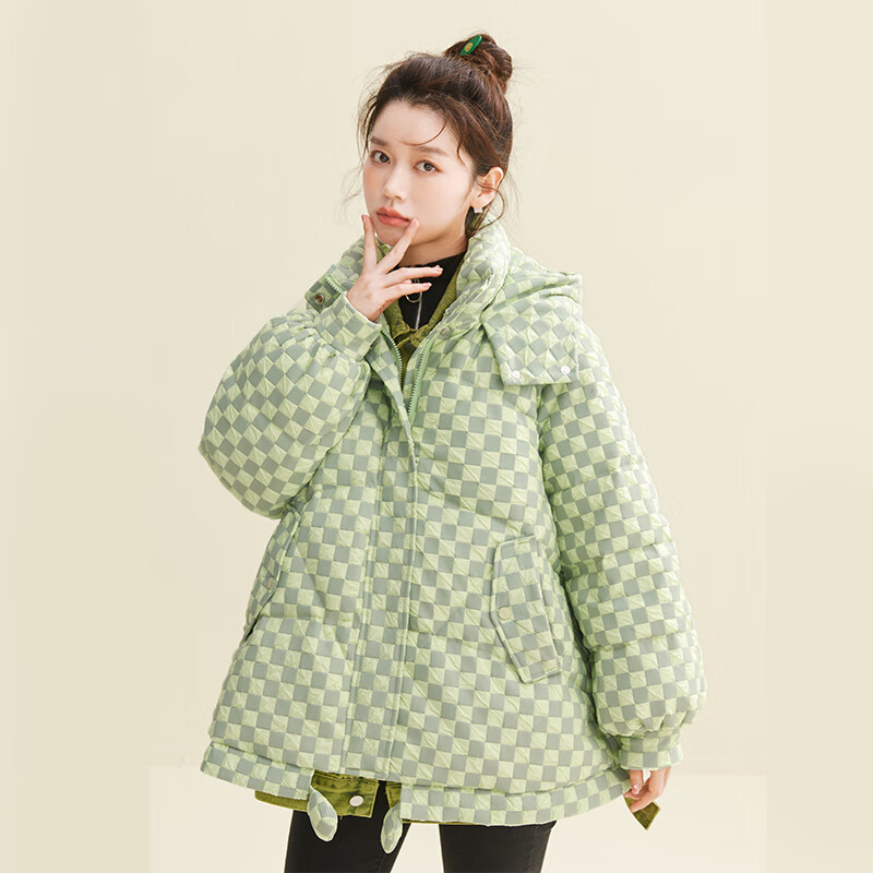 雪中飞羽绒服女款短款韩版时尚秋冬品牌清仓棋盘格宽松保暖百搭公主风 绿色 S/155(85-110斤)
