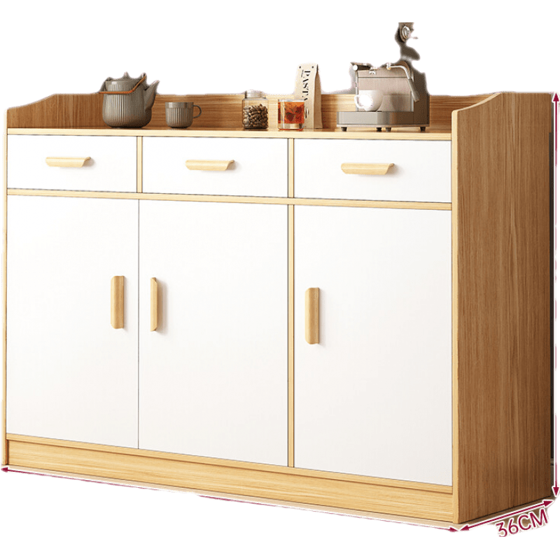 UCU 餐边柜厨房柜子储物柜碗柜家用小型客厅靠墙置物柜简易碗柜茶水柜 【三门三抽带护栏】田园橡木+暖白色120*36*