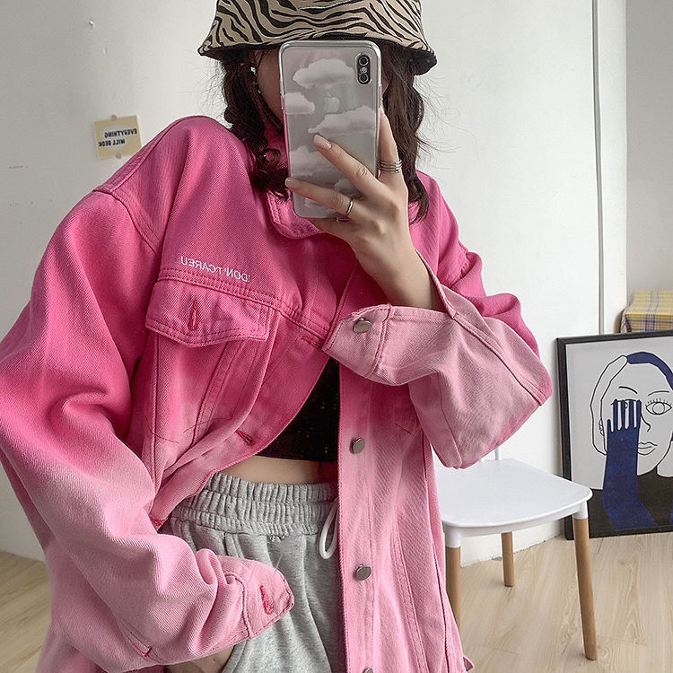 女薄款春秋季宽松扎染渐变上衣朋克ins潮sn8049 渐变色 优质版 粉色 s