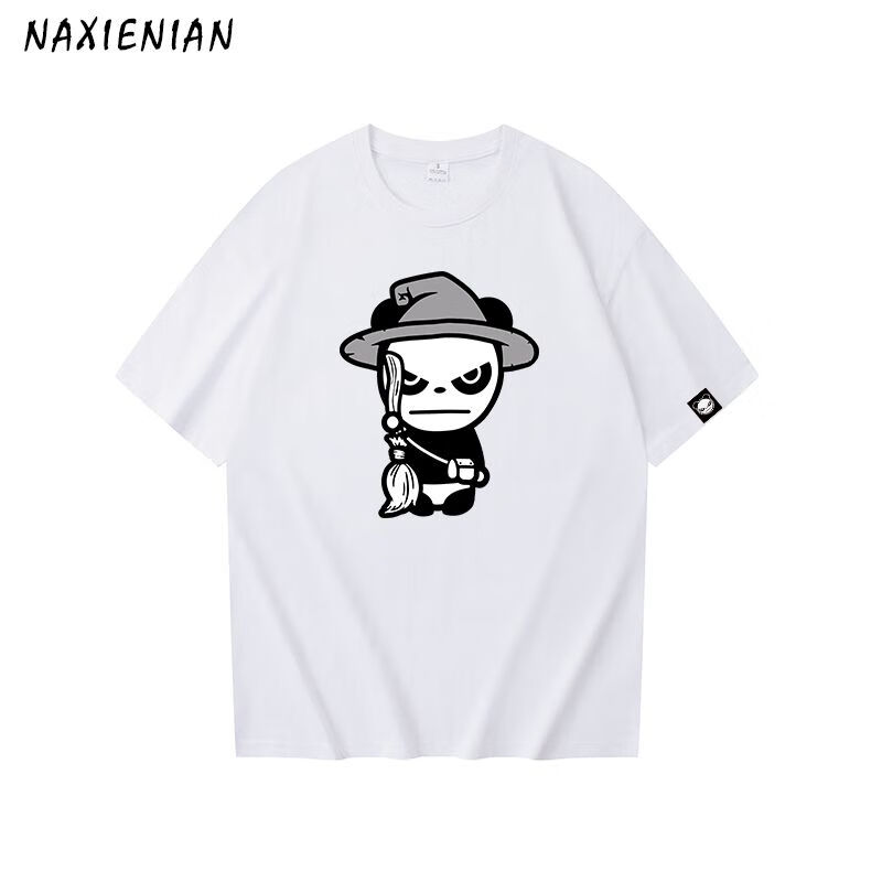 hipanda你好熊猫扫地僧印花t恤男款设计潮牌熊猫logo圆领短袖t恤 白色