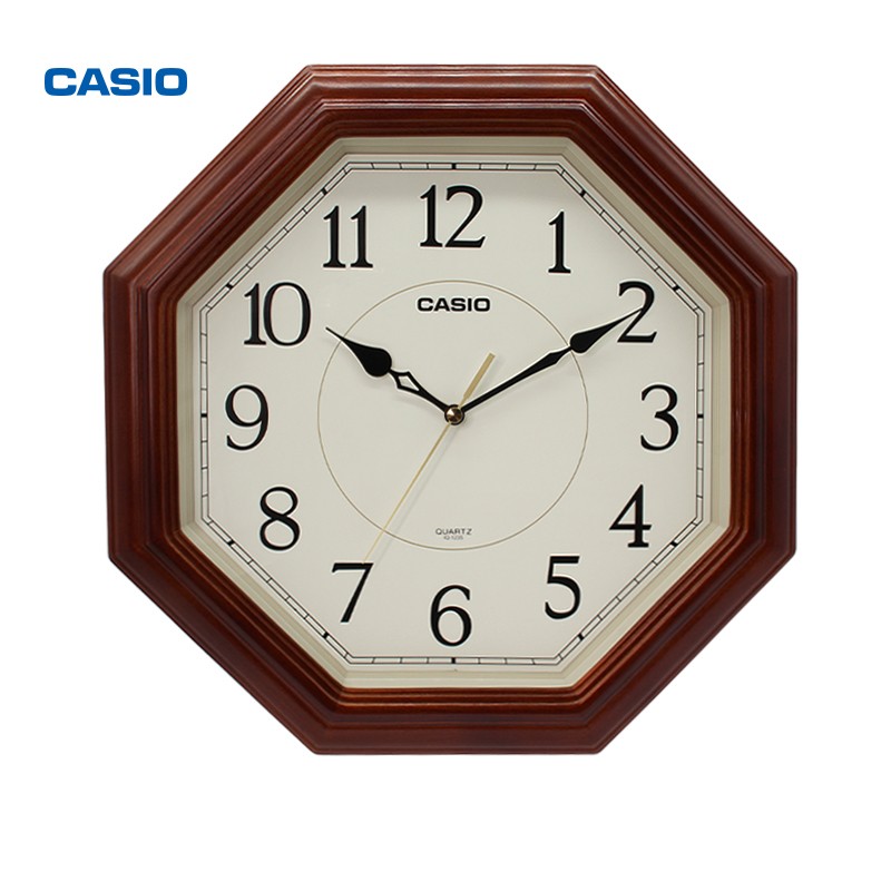 卡西欧（CASIO）挂钟 客厅表欧式简约时尚挂表卧室办公室静音时钟创意八角实木钟表装饰石英钟 深棕色IQ-123S-5PF