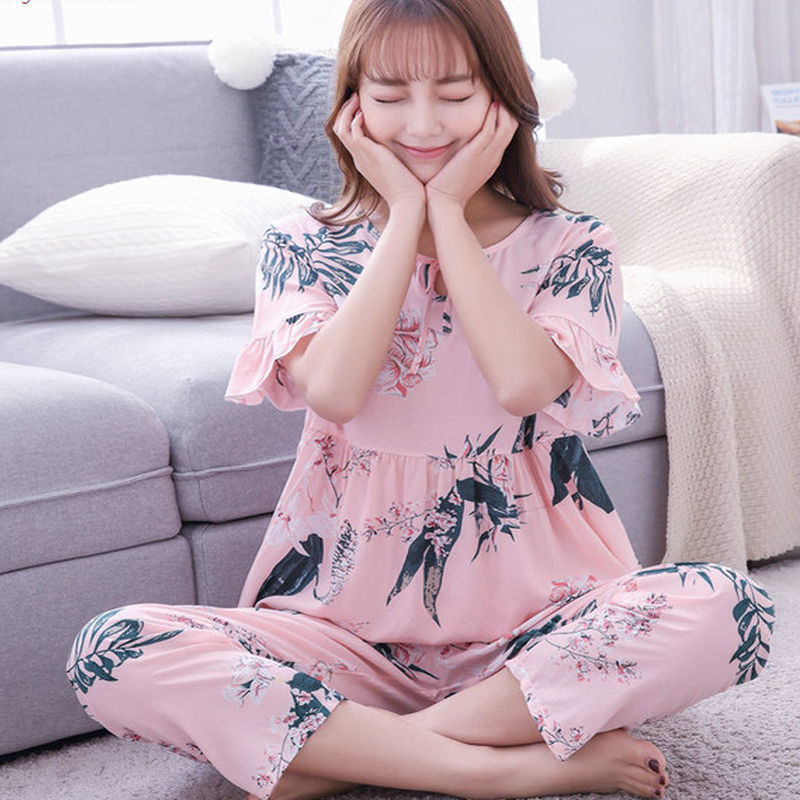 奶奶睡衣女夏装睡衣夏季短袖棉绸女士两件套装薄款宽松大码绵绸韩版