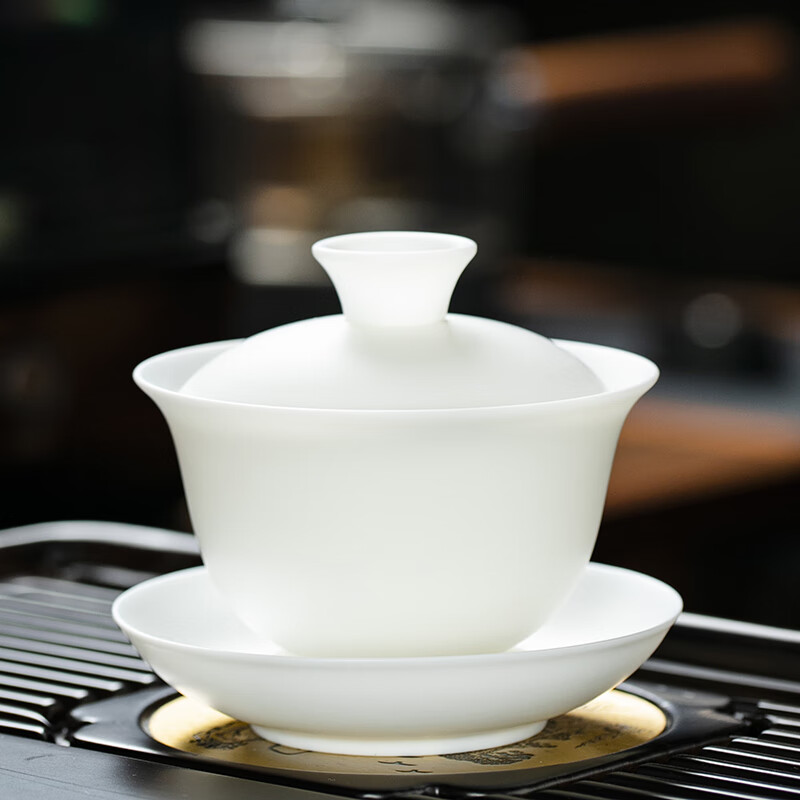 钰铨龙门 羊脂玉瓷素烧三才盖碗 德化白瓷大容量盖碗功夫茶具不烫手泡茶碗 羊脂玉瓷素烧厚盖碗(约190ml)