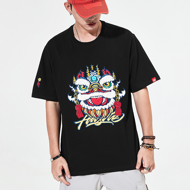 天龙致尊denon supreme短袖t恤男女潮牌夏季中国风重工刺绣醒狮纯棉