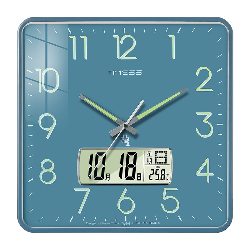 温度挂表方形薄边自动对时表挂墙 p63-4蓝边蓝(夜光电波钟直径38厘米)