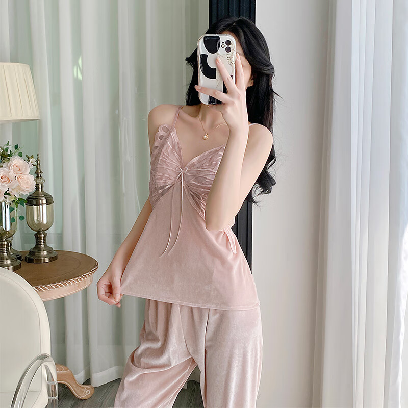 萧淑妃金丝绒睡衣女秋冬季带胸垫V领性感纯欲风吊带保暖家居服三件套装 胭脂粉 L