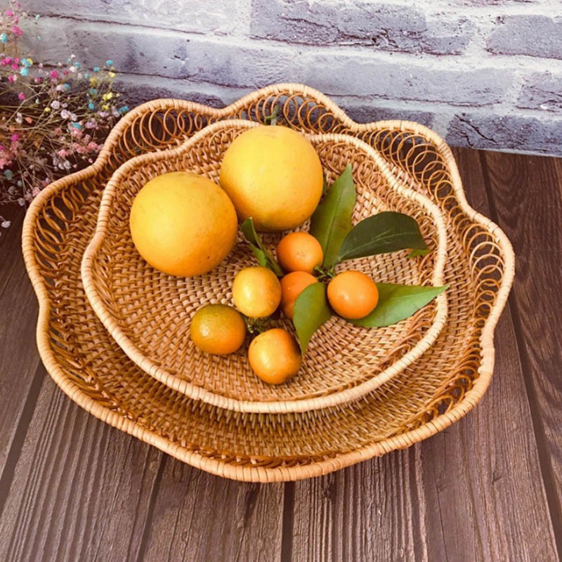 客厅家用茶几零食面包收纳盒糖果编织篮子 花边浅款1个小号23*5cm