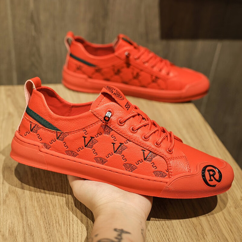 艺佰健好看好穿潮男鞋子百搭韩版时尚红色板鞋英伦休闲发型师本命年