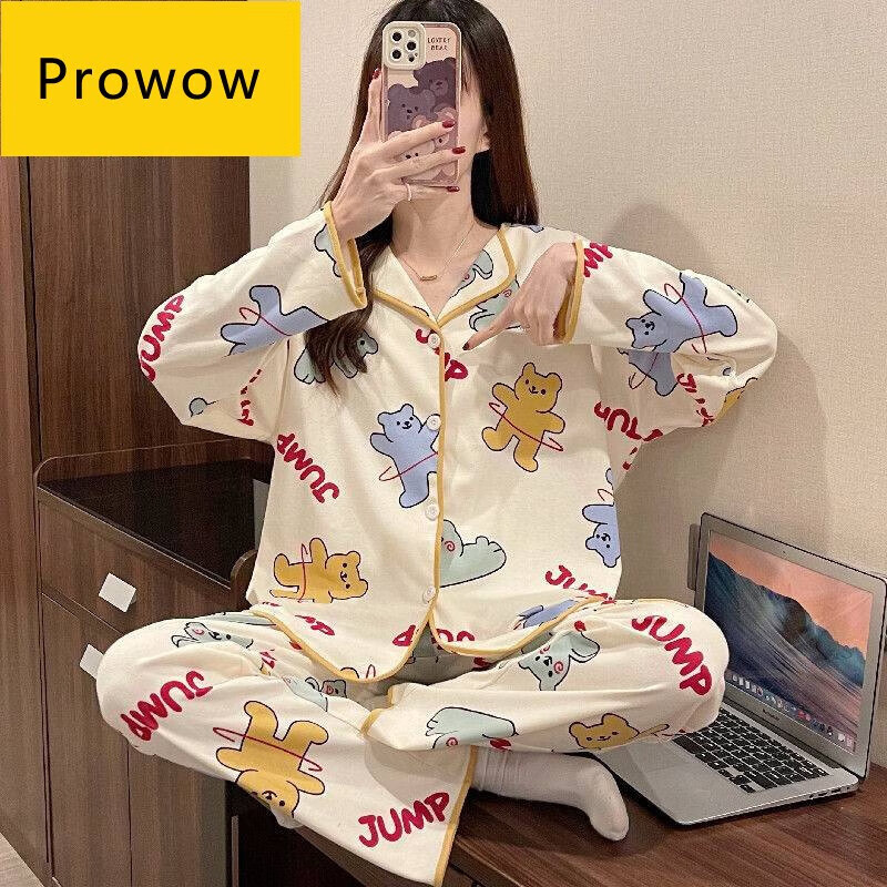 春秋季开衫长袖长裤韩系卡通简约加大码女士甜美家居服套装 呼啦圈熊