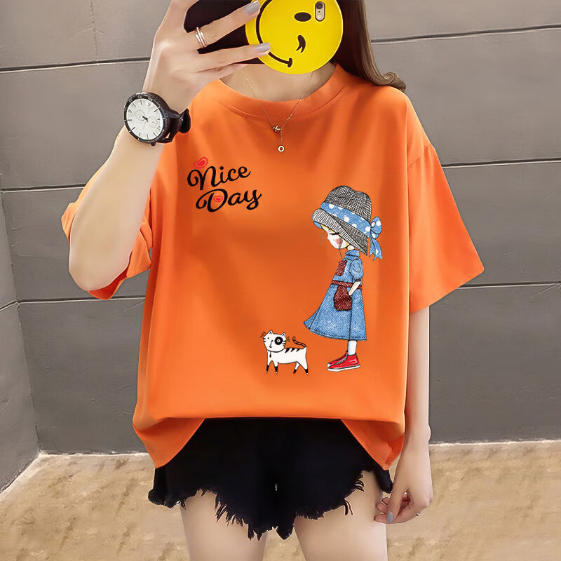 夏装胖mm大码200斤宽松短袖t恤女胖妹妹韩版卡通遮肚 桔红色 牛仔女孩