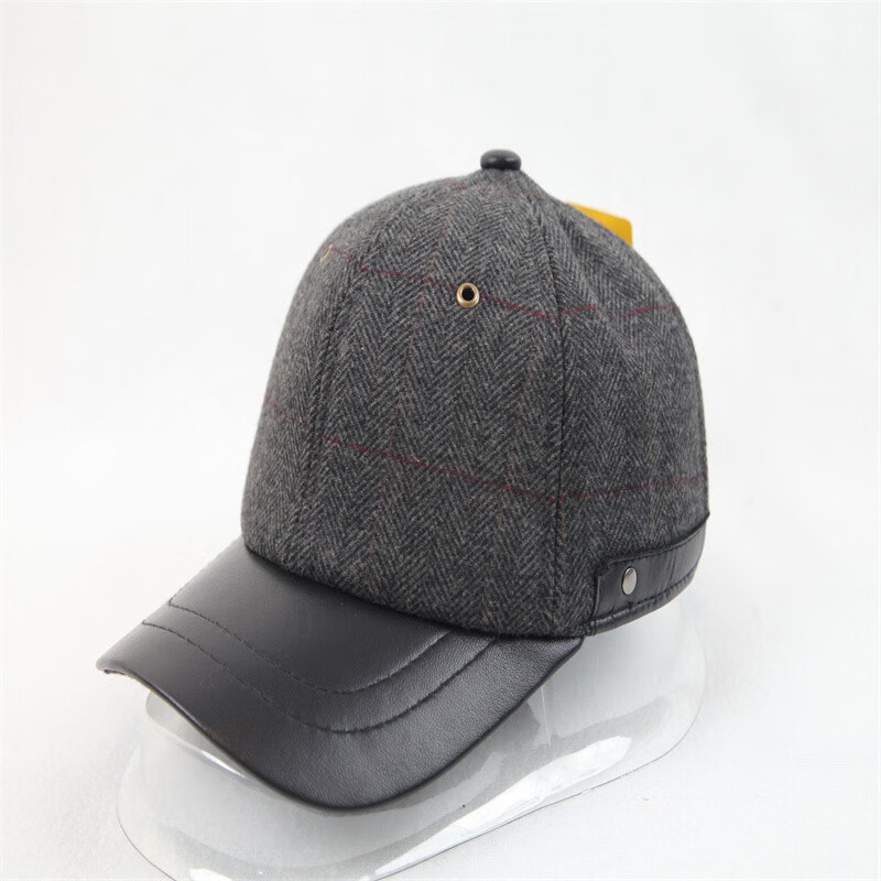 盛锡福中老年男士帽秋冬款羊毛呢羊皮可调节棒球帽 灰格皮条 57cm