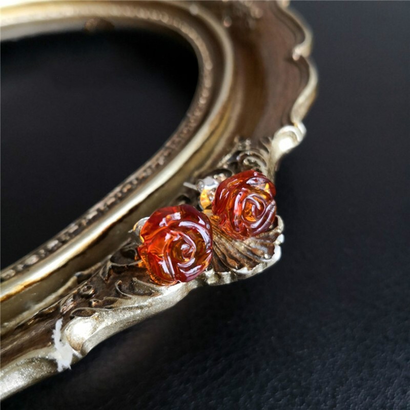 时乾 天然琥珀玫瑰花耳钉 纯手工雕刻欧美范儿 图片色