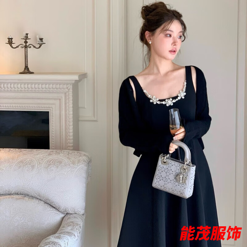 萱眸黑色吊帶晚禮服裙女2024新款高端小眾氣質(zhì)生日宴會連衣裙日?？纱?黑色中長/款-禮服晚宴服 XS -禮服晚宴服