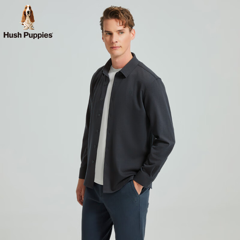 暇步士(Hush Puppies)【弹力保型】男装冬季蓄温保暖长袖衬衫 月光灰 L