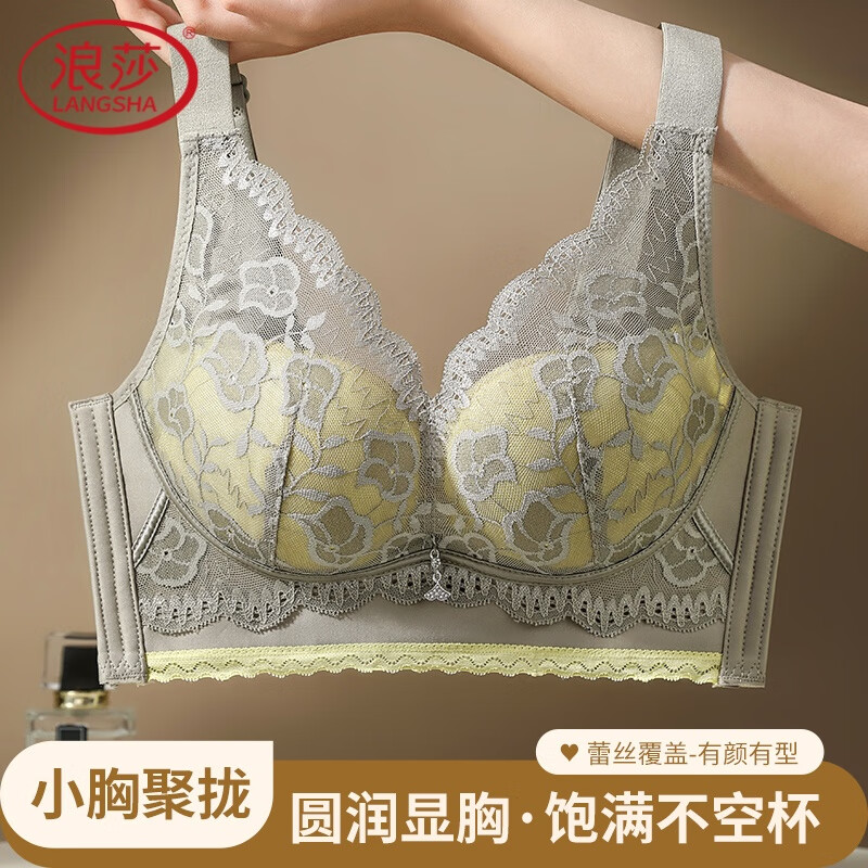 浪莎文胸女小胸聚拢蕾丝性感上托侧收副乳防下垂撞色胸罩秋上新 灰
