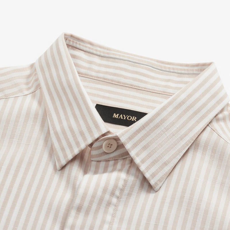 MAYOR男装春季300支棉汉麻桑蚕丝易烫绿条纹长袖衬衫 米黄 42