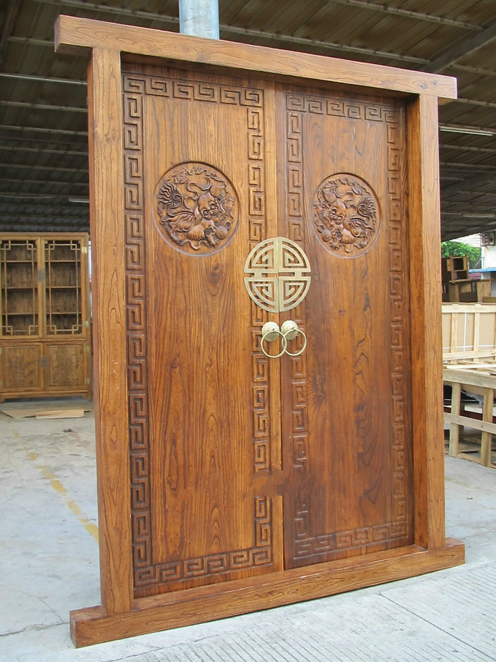榆木中式双开大门庭院别墅仿古大门农乡村进户大门原木门 01雕刻大门