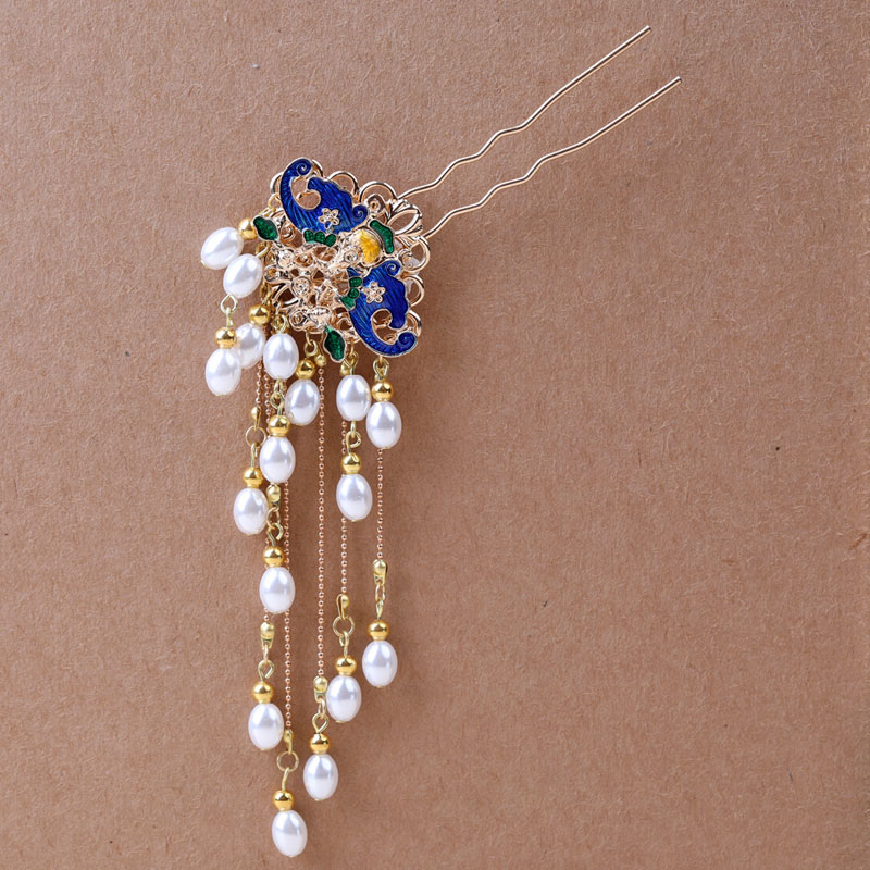 古风汉服气质发饰步摇古装u型发钗女汉服流苏发簪景泰蓝装饰 发钗