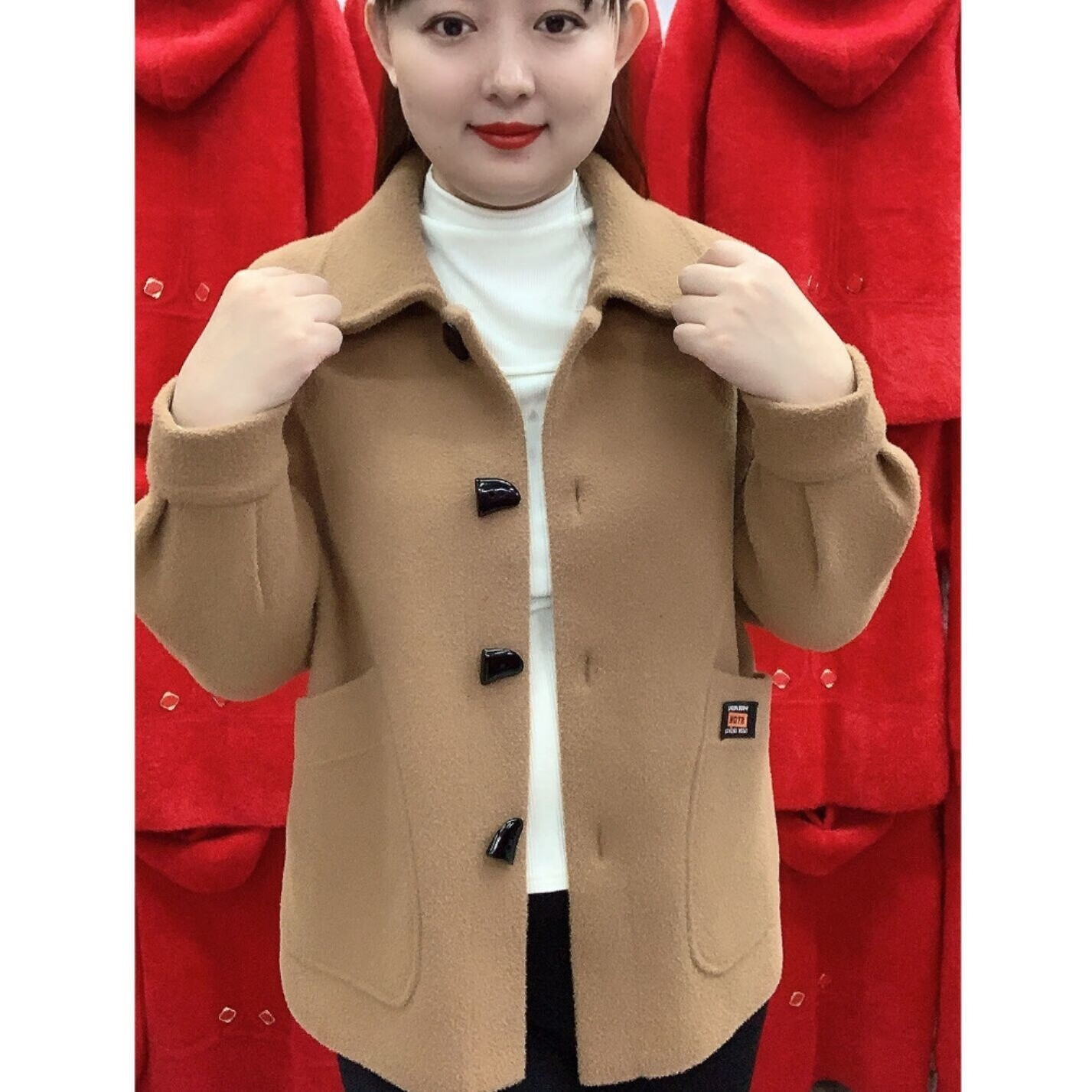 网红纯色洋气方领双面呢子外套小颜3 卡其色 3XL 建议140-150斤高性价比高么？