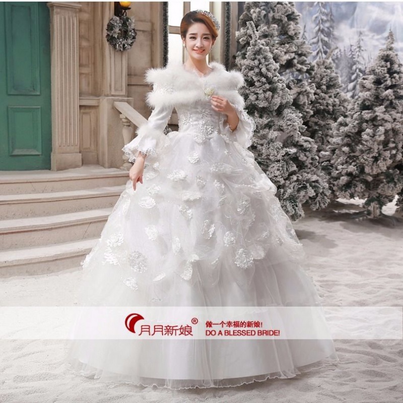 婚纱裙礼服2021新款冬季粉红色一字肩长袖加厚加棉新娘结婚齐地 白色