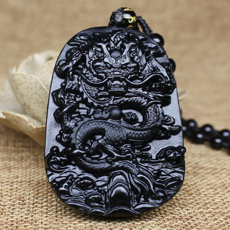 陌晨 moeycior天然黑曜石吊坠龙牌项链男士款属龙生肖守护神挂件项坠