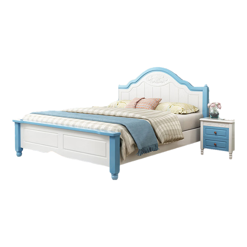 中偉(ZHONGWEI)美式經(jīng)典實(shí)木復(fù)古床主臥雙人床婚床歐式藍(lán)白色橡膠木框架床1.5m