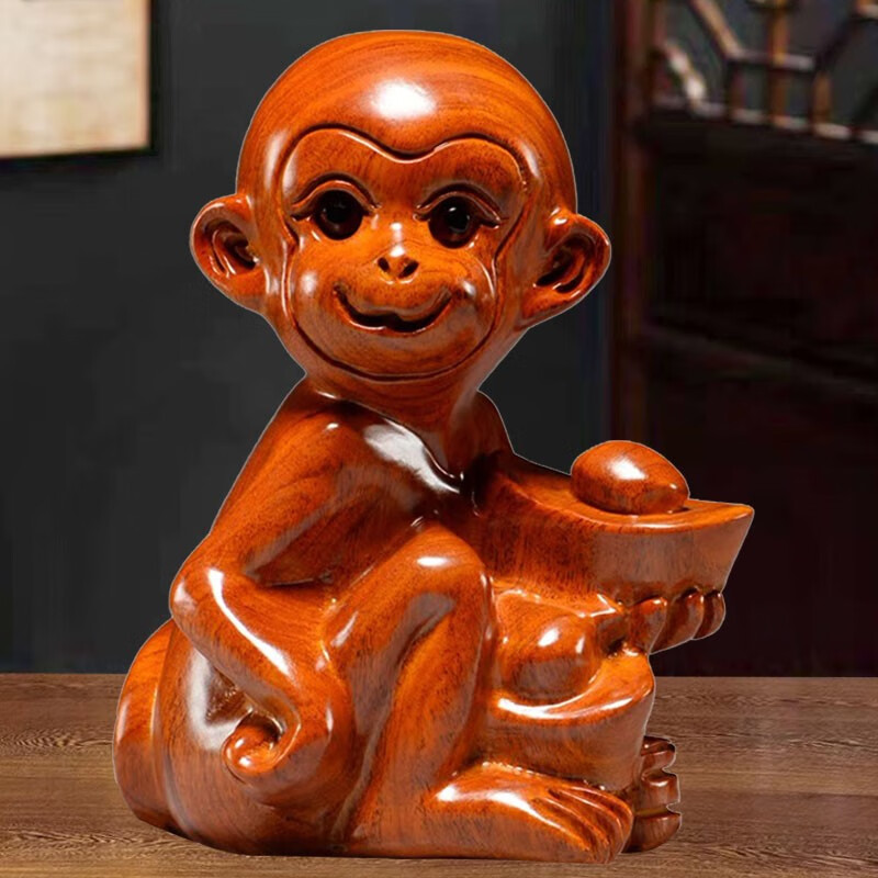 天从 实木猴子摆件木艺家居金猴风水桌面小摆件纯木头雕刻一对实心