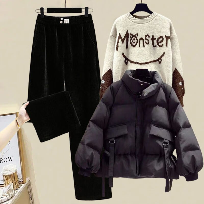 qvnl衣服冬季女气质套装高级大码装冬装三件套棉服外套显瘦针织毛衣加