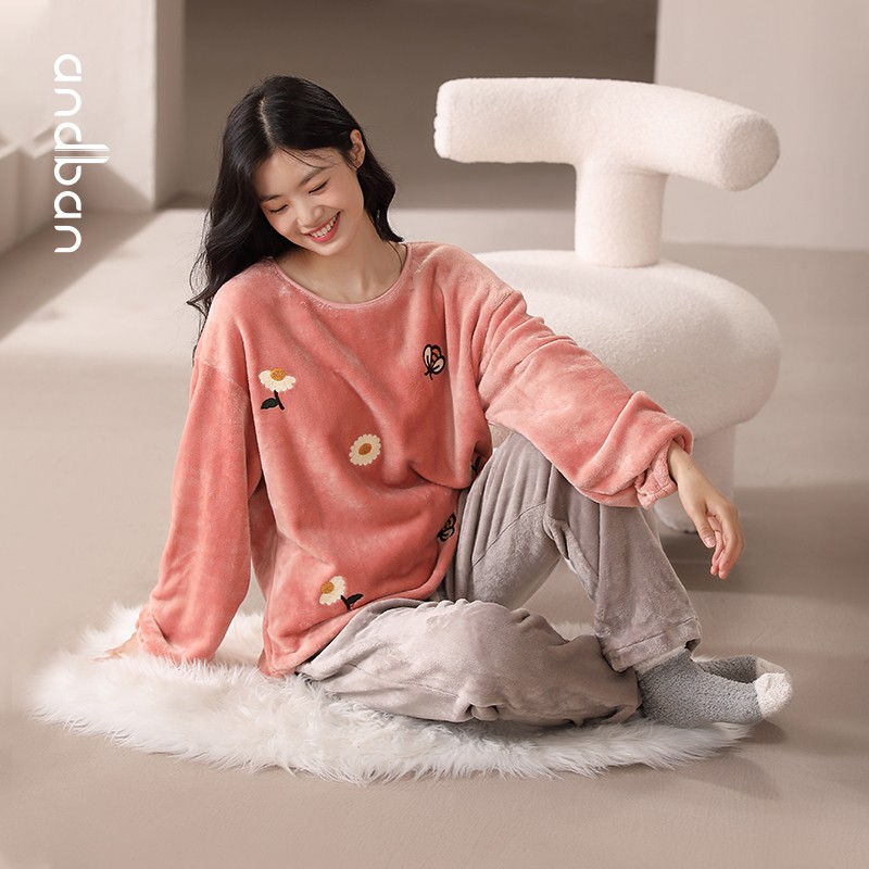 安之伴睡衣女秋冬法兰绒长袖套头圆领卡通多色保暖舒适可外穿家居服套装 冰兰(法兰绒锁温又柔软) L