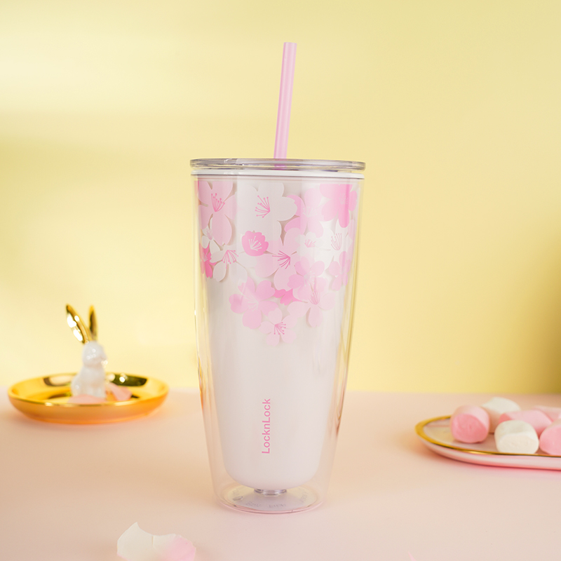 乐扣乐扣(LOCK&LOCK) 樱花杯水杯子双层杯身易开盖易清洗塑料杯吸管杯水杯女 HAP509PIN-樱花粉-750ML