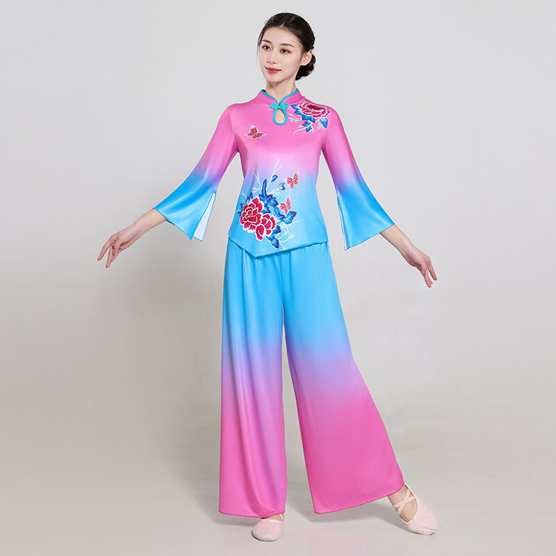 茶小阿新款廣場舞演出服中國風(fēng)扇子舞秧歌舞蹈服中老年古典舞表演服套裝 玫紅漸藍色 2XL