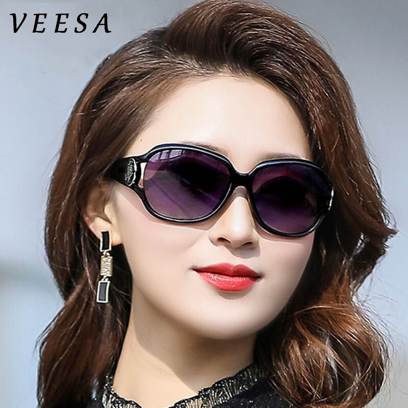 VEESA偏光太阳镜女士新款防紫外线眼镜大脸圆脸墨镜开车遮阳时尚妈妈潮 黑色