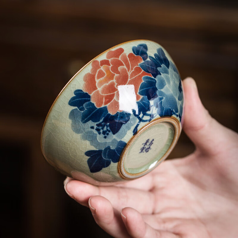 一品工坊主人杯景德鎮(zhèn)柴窯青花普洱杯手繪牡丹茶杯內(nèi)外畫裂紋釉陶瓷主人杯 柴窯手繪牡丹普洱杯