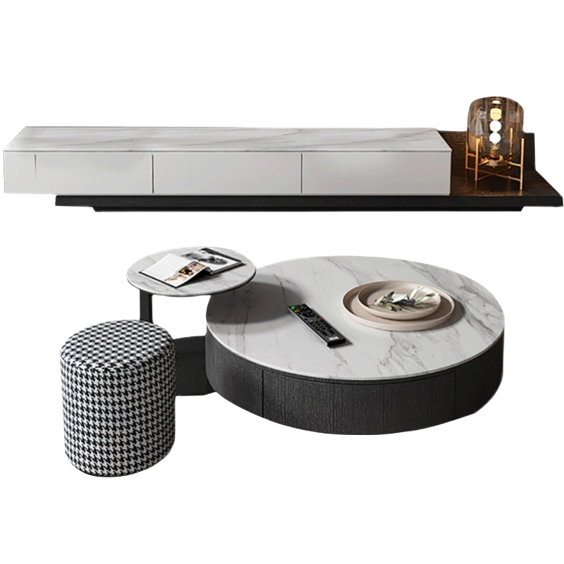 皇家公馆 茶几意式圆形岩板茶几电视柜组合轻奢现代简约小户型客厅家用高矮茶桌 茶几组合70*80cm 岩板面板(备注岩板纹理)