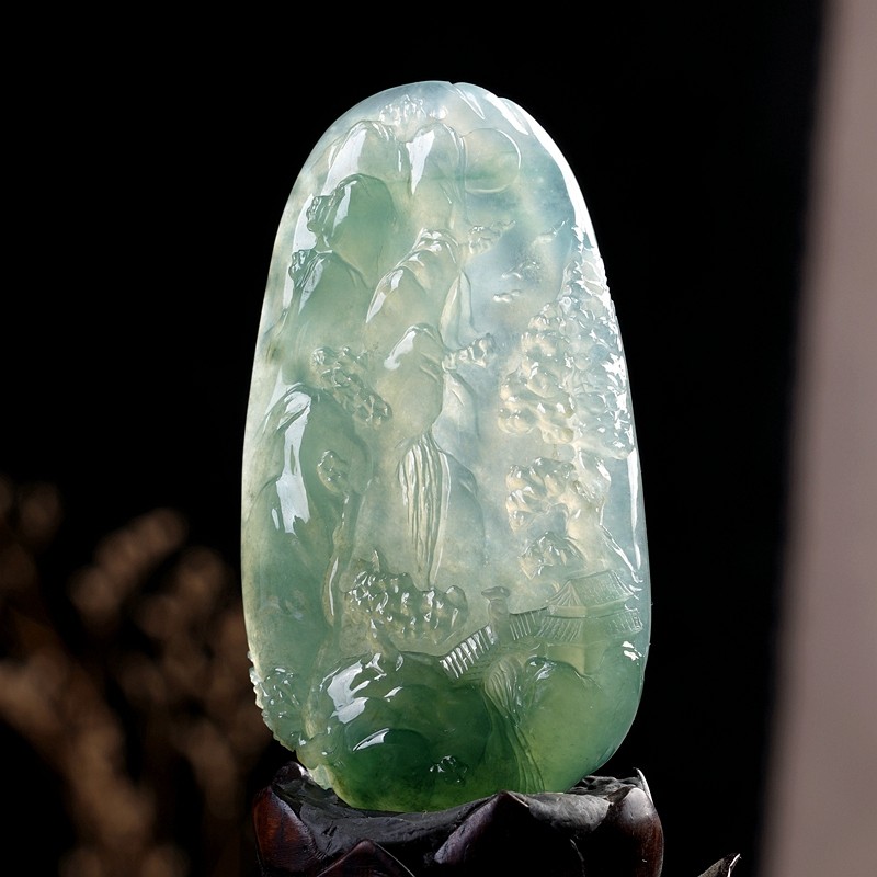 艺品匪萃山居观瀑 冰种湖绿山水意境 a货翡翠挂件91645