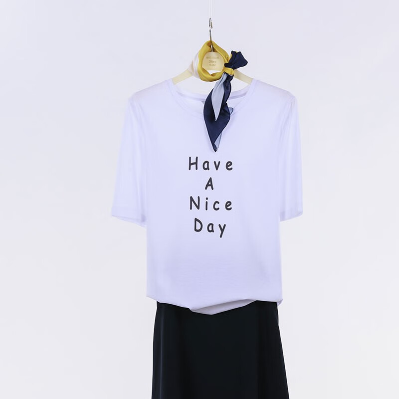 白领(white collar)丝光棉 印have a nice day圆领宽松短袖t恤  sig