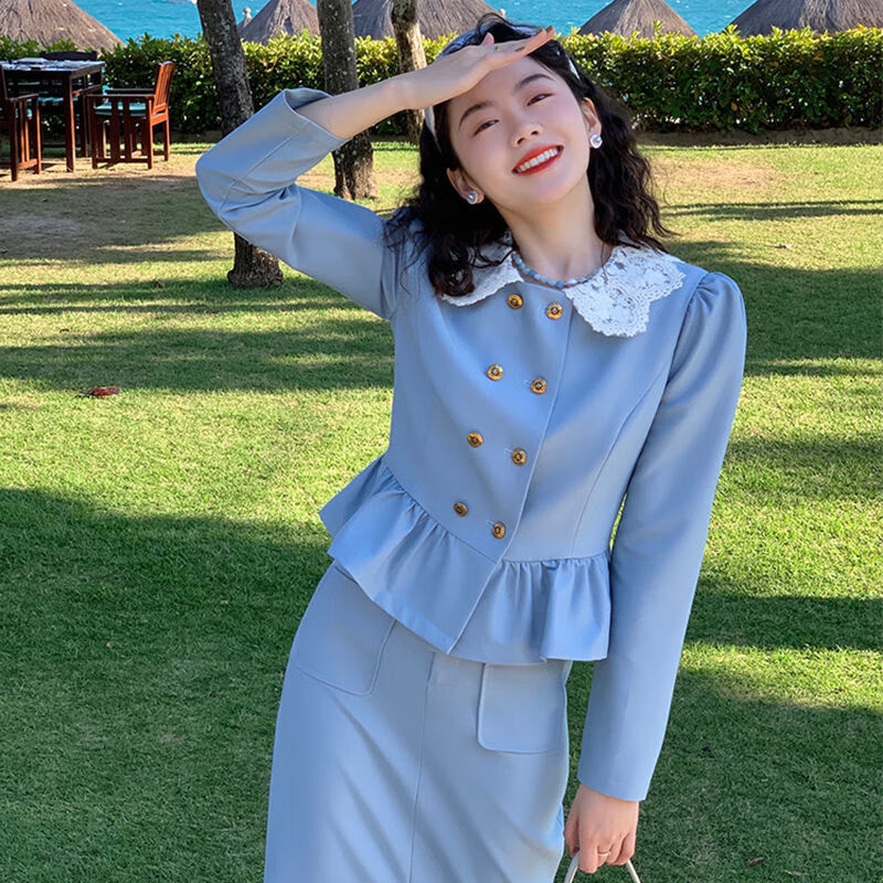 浅黛颜法式赫本风复古套装裙女春季收腰显瘦半身裙翻驳领西装气质套装