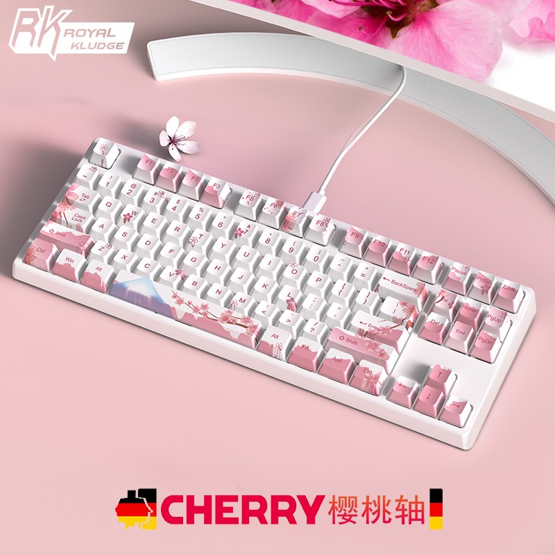 rk987樱桃cherry轴樱花机械键盘粉色少女生有线键盘办公专用打字游戏